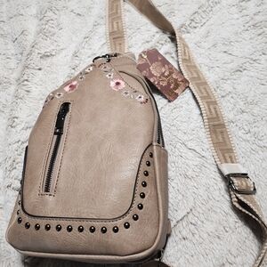 Beige Studded Women's Cross Over Bag